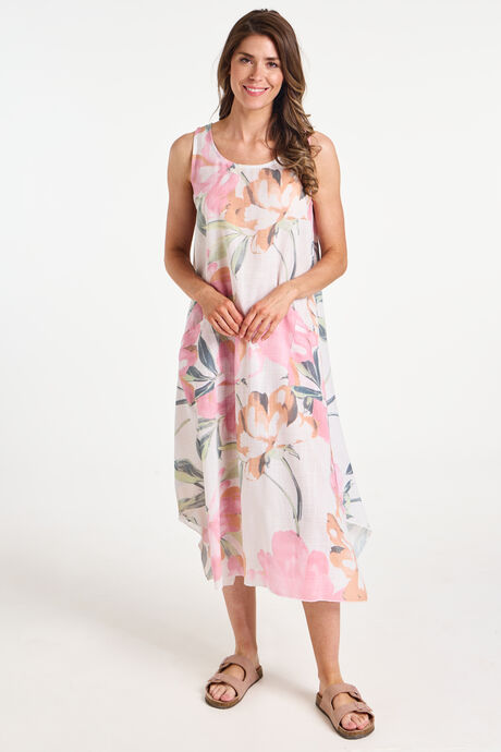Large Floral Print Linen Look Pocket Dress